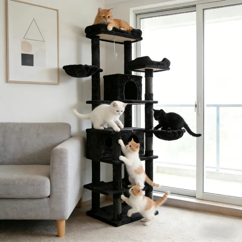 [Low stock] Large Black Eco-Friendly Durable 5-Level Cat Tree Condo Hammock Scratching Post Free Shipping for Indoor Use Kittens Adult Cats