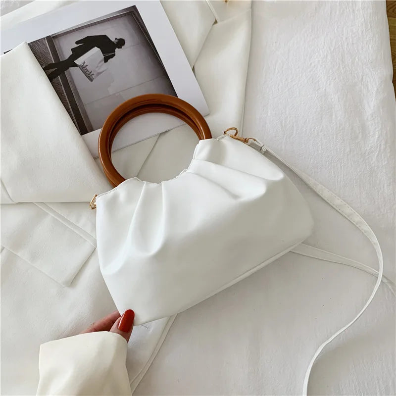 Strength Manufacturer Fashion New Style Wooden Handle Soft Pleated Women Handbag Mini Crossbody Bag Handmade