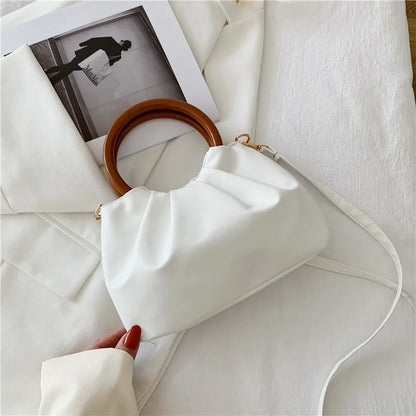 Strength Manufacturer Fashion New Style Wooden Handle Soft Pleated Women Handbag Mini Crossbody Bag Handmade