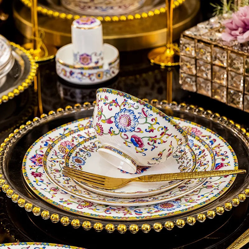 Luxury Enamel Flower Dinnerware Set Golden Rim White Porcelain Dinner Plates Soup Bowls Set Tableware for Wedding Gifts