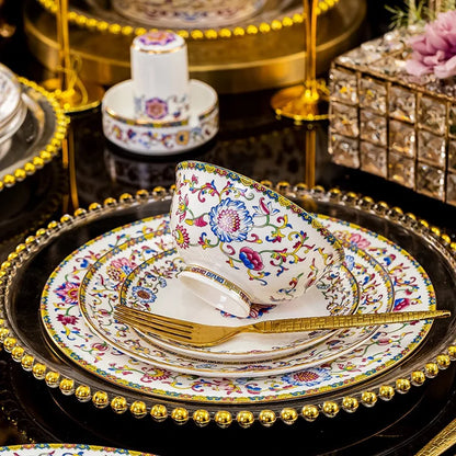 Luxury Enamel Flower Dinnerware Set Golden Rim White Porcelain Dinner Plates Soup Bowls Set Tableware for Wedding Gifts
