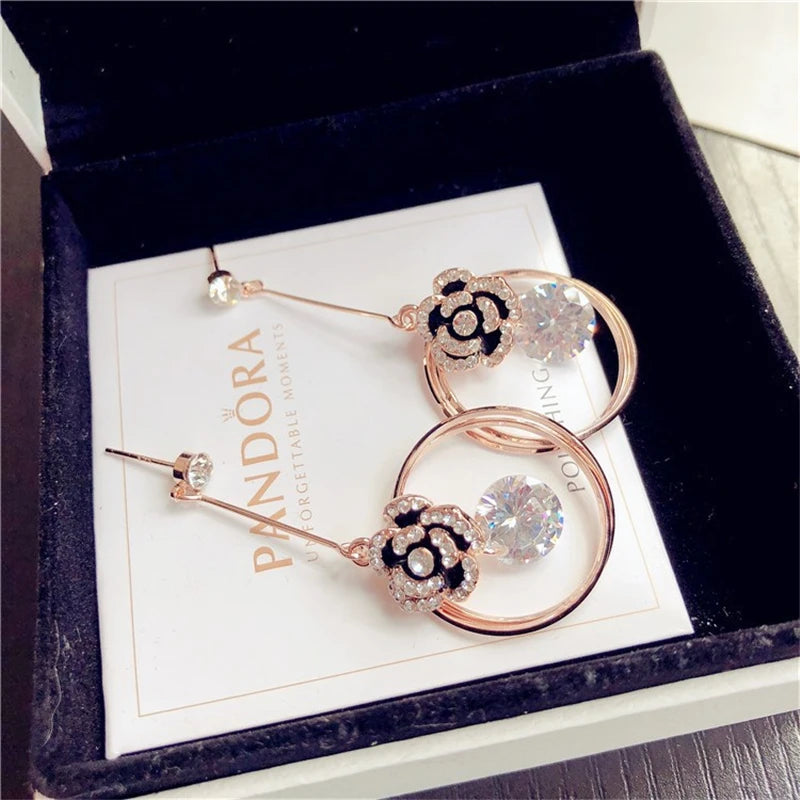 Korea Fashion Black Enamel Camellia Earrings Women Luxury brand Long Big Cubic Zirconia Drop Earrings Wedding Jewelry Z277