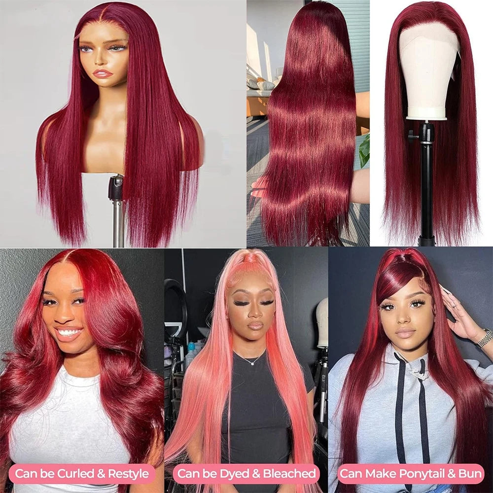 African Brazilian Hair Wig Wine Red Straight Hair Medium Part 13 x 4 Front Lace 12-32 Inches