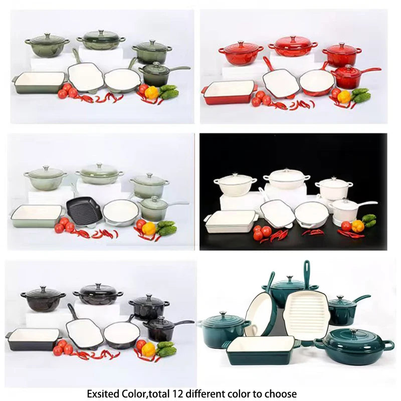 Customized 7-Piece Cast Iron Cookware Set Red Enamel Coated Kitchen Casserole Pot Durable Minimalist Metal Design Low MOQ