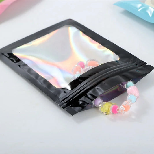Wholesale Custom Logo Black Mylar Holographic Makeup Bags Clear Plastic Resealable Foil Packaging for Jewelry Pouches