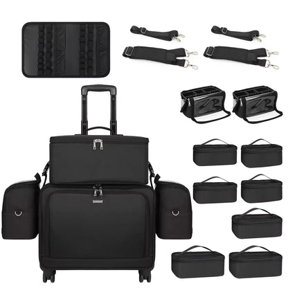 Relavel Professional 4 in 1 Black Canvas Rolling Artists Makeup Cases Travel Trolley Case with 7 Small Bags Cosmetic Cases