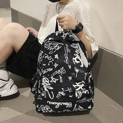 Modern Fashion Graffiti Print Nylon Backpacks Large Capacity High School Teens School Bags 17 Inch Kids Backpack