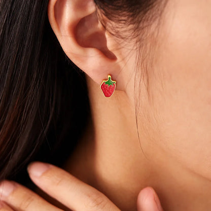 Strawberry Cherry Enamel 14K Gold Plated Women Ladies Stud Earring Stainless Steel Small Charm Earring Fashion Jewelry Set Fruit