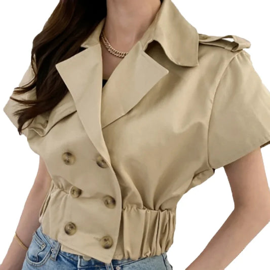 High Quality Patchwork Double Breasted Gathered Waist Short Jackets for Women 2023