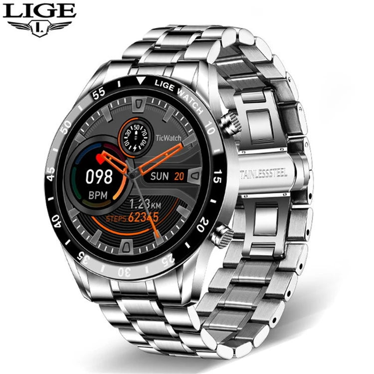 LIGE 2020 Men's Bw0189 Full Touch Screen Smartwatch IP67 Waterproof Sports Fitness Watch Stainless Steel Compatible Android iOS