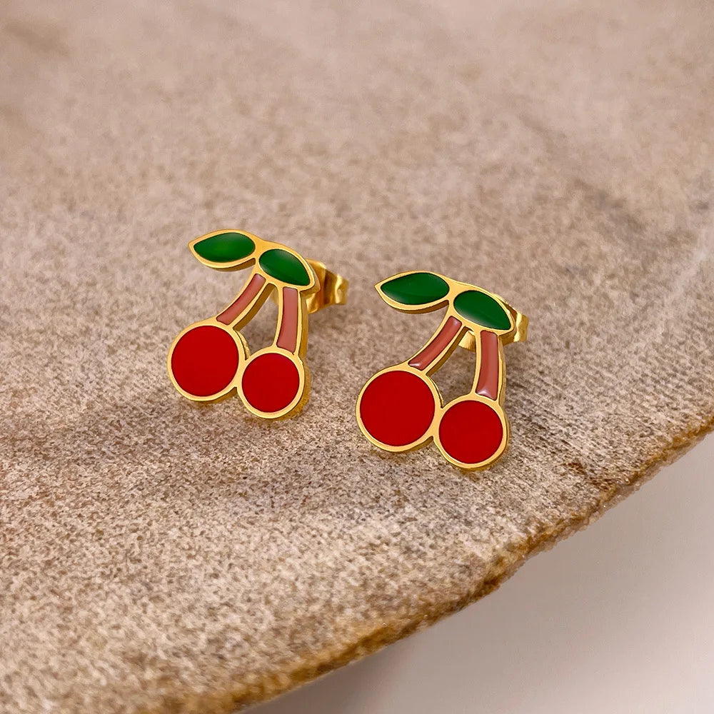 Strawberry Cherry Enamel 14K Gold Plated Women Ladies Stud Earring Stainless Steel Small Charm Earring Fashion Jewelry Set Fruit
