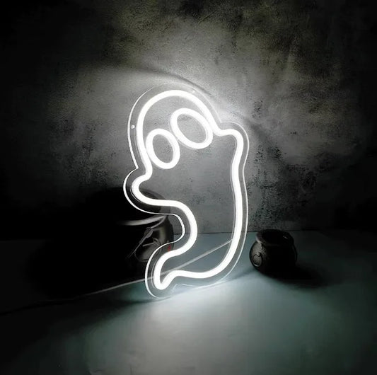 1pc White Ghost Neon Wall Decor 16x13 Inch USB Powered LED PVC Silicone Blue Bedroom Christmas Gift Party Decor Kids Game Room