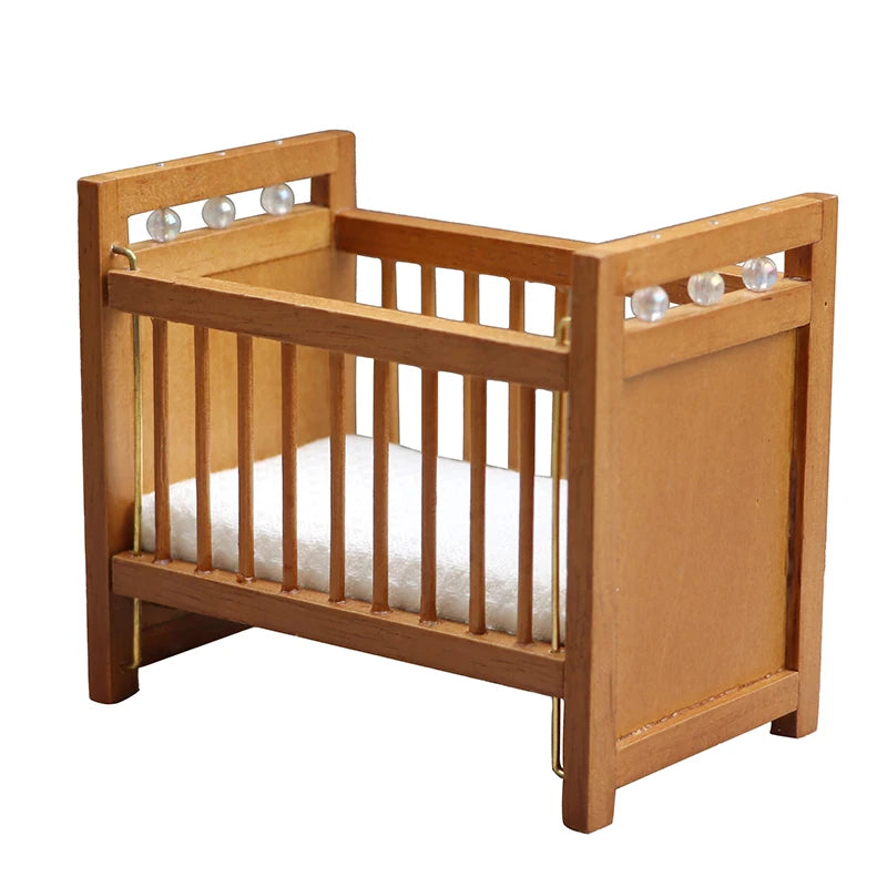 1:12 Doll House Dollhouse Mini Furniture Children's Room Pure Chestnut Crib White Mattress Small Bed
