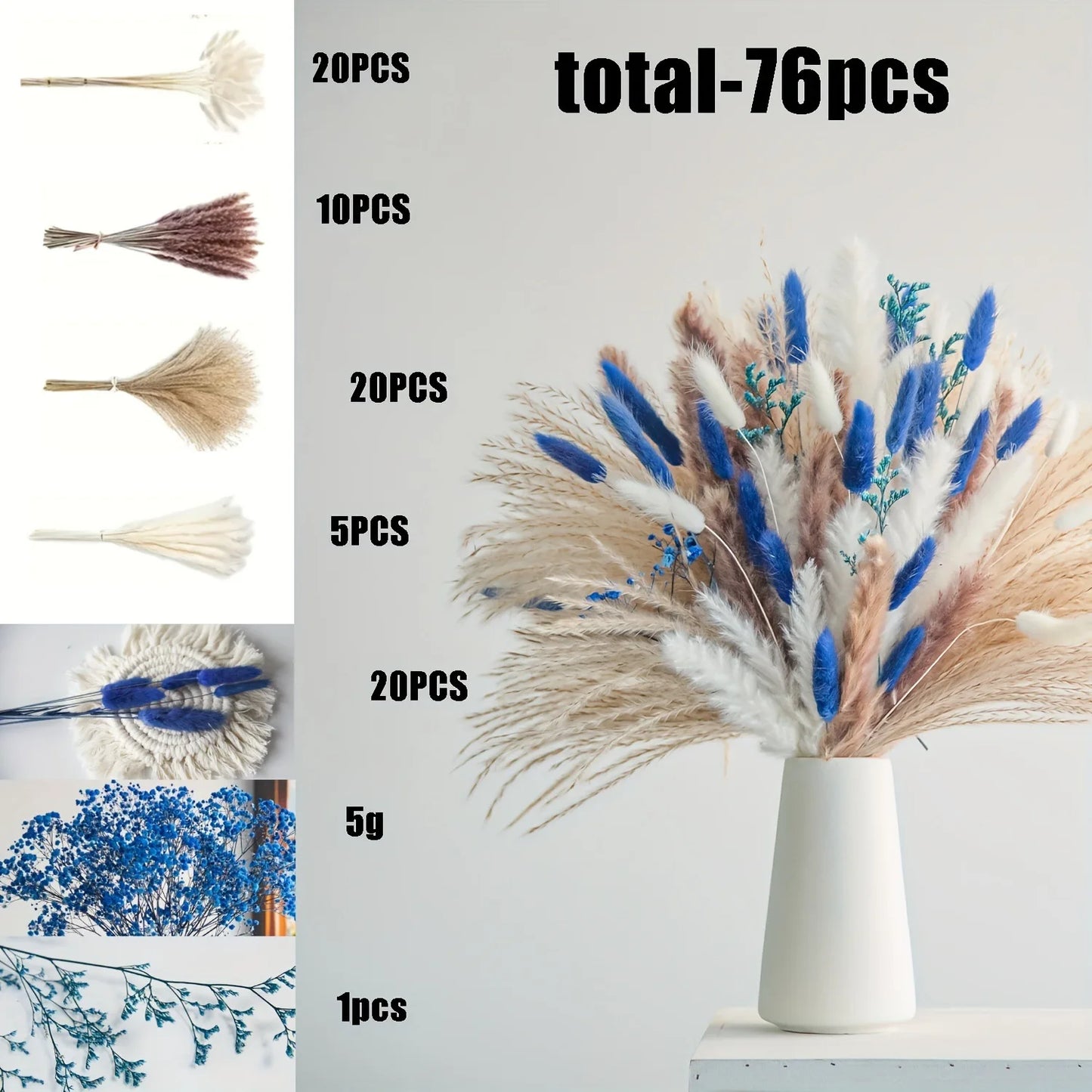 76pcs Mixed Reed Pampas Grass and Dried Flower Bouquets | Nordic Decorative Items for Home Decoration, Suitable for Weddings,