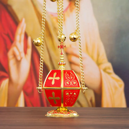 Handcrafted Orthodox Golden Censer with Vibrant Red Enamel Accents Liturgical Incense Burner for Church Ceremonies