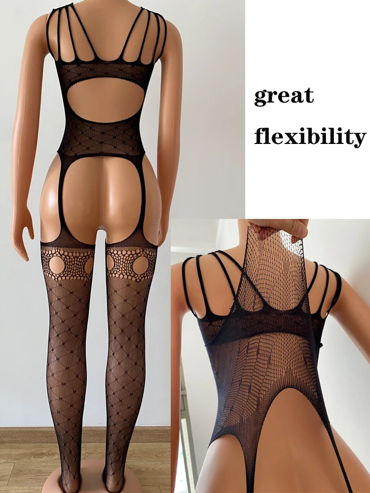 Sexy Dessous mit offenem Schritt, durchbrochenem Netzbody, sexy Strumpfhose mit Cut-Outs, Ganzkörperstrumpf