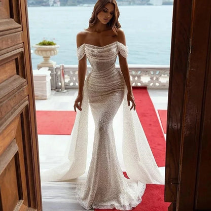 11940# Off-Shoulder Bohemian Shiny Lace Beach Mermaid Wedding Dress Short Sleeves Detachable Train Wedding Dress Bridal Gown