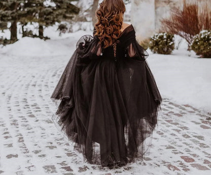 9908# Elegant Black Strapless Puff Sleeves Boho Lace Appliqque Wedding Dress  Backless Wedding Bridal Gown party gown