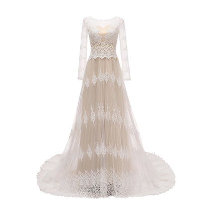 1301#  REAL PHOTO Scoop Neck Backless Beach Lace Sweep Train Boho Full Sleeve Bride Gown Wedding Dress Bridal Gown