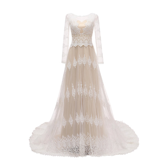 1301#  REAL PHOTO Scoop Neck Backless Beach Lace Sweep Train Boho Full Sleeve Bride Gown Wedding Dress Bridal Gown