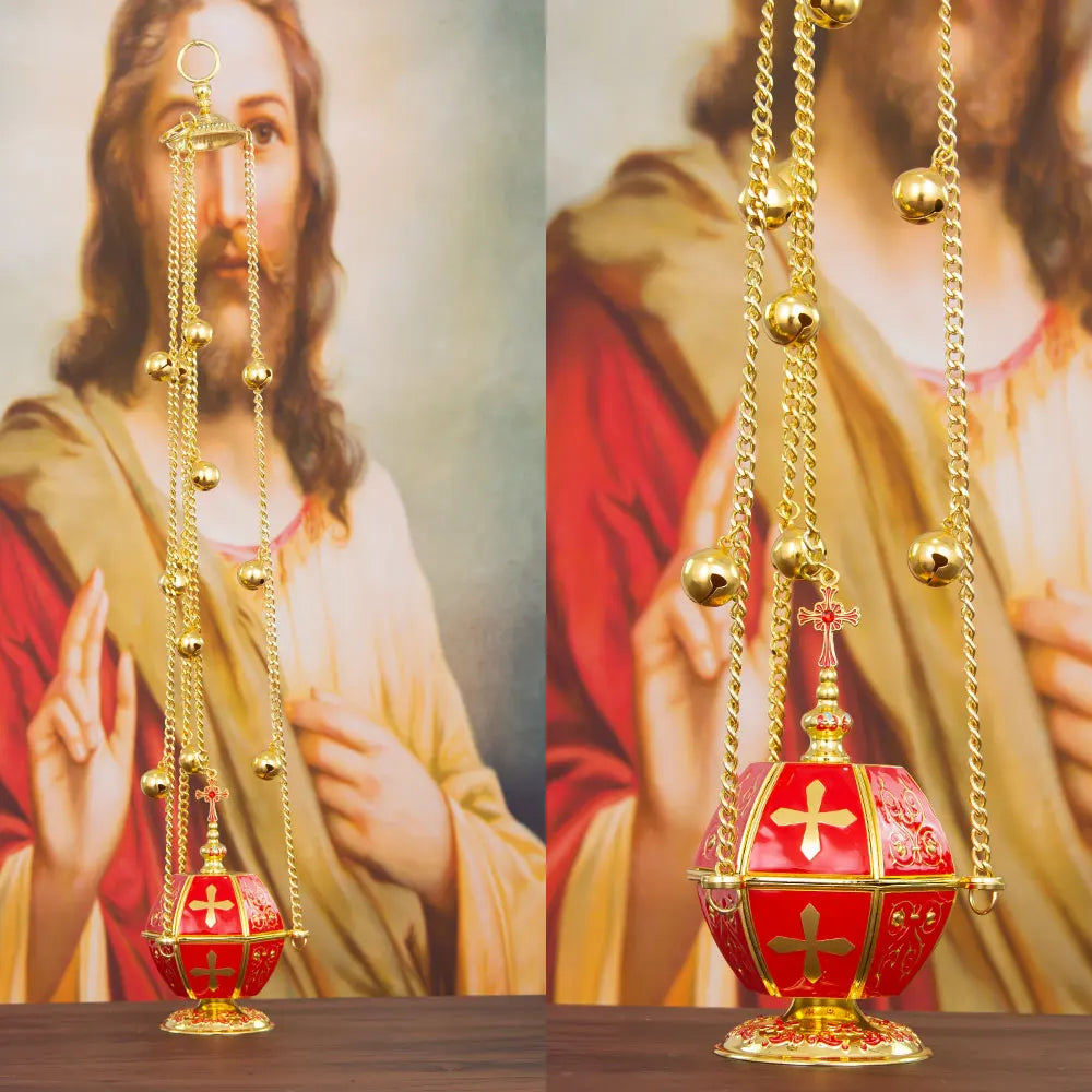Handcrafted Orthodox Golden Censer with Vibrant Red Enamel Accents Liturgical Incense Burner for Church Ceremonies