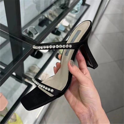 Rhinestone Sandales Talon Femme Slipper Female Shoes Trendy Summer Square Toe High Heels for Ladies