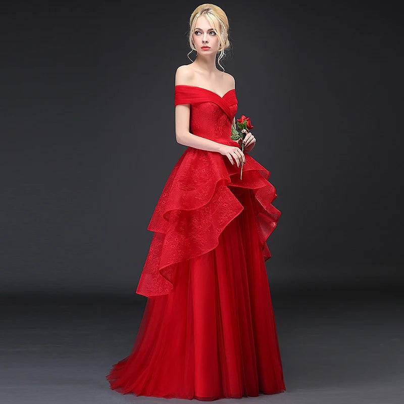 6808# Luxuriant Cap Sleeve Tiered Tulle Wedding Dresses 2022 Elegant A-Line Off Shoulder Lace-Up Bridal Party Gowns Sweep Train