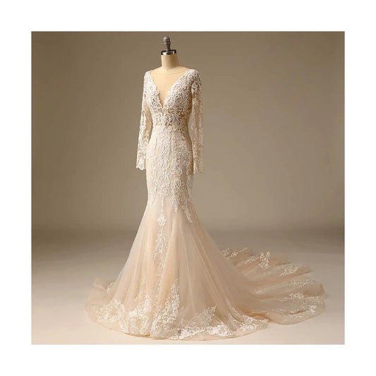 11988#Long Sleeves Sexy V-Neck Bohemian Backless Beach Mermaid Wedding Dress Sweep Train Lace Applique Wedding Dress Bridal Gown