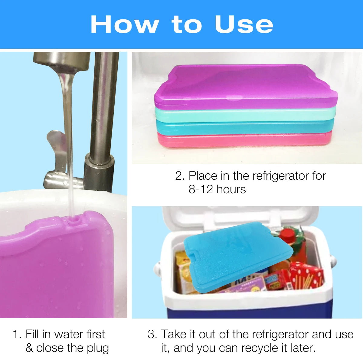 HomeTimes 4 Pack Reusable and Non-Toxic Cold Packs - Portable, Eco-Friendly for Lunch & Camping Trips, Leak-Proof, Colorful
