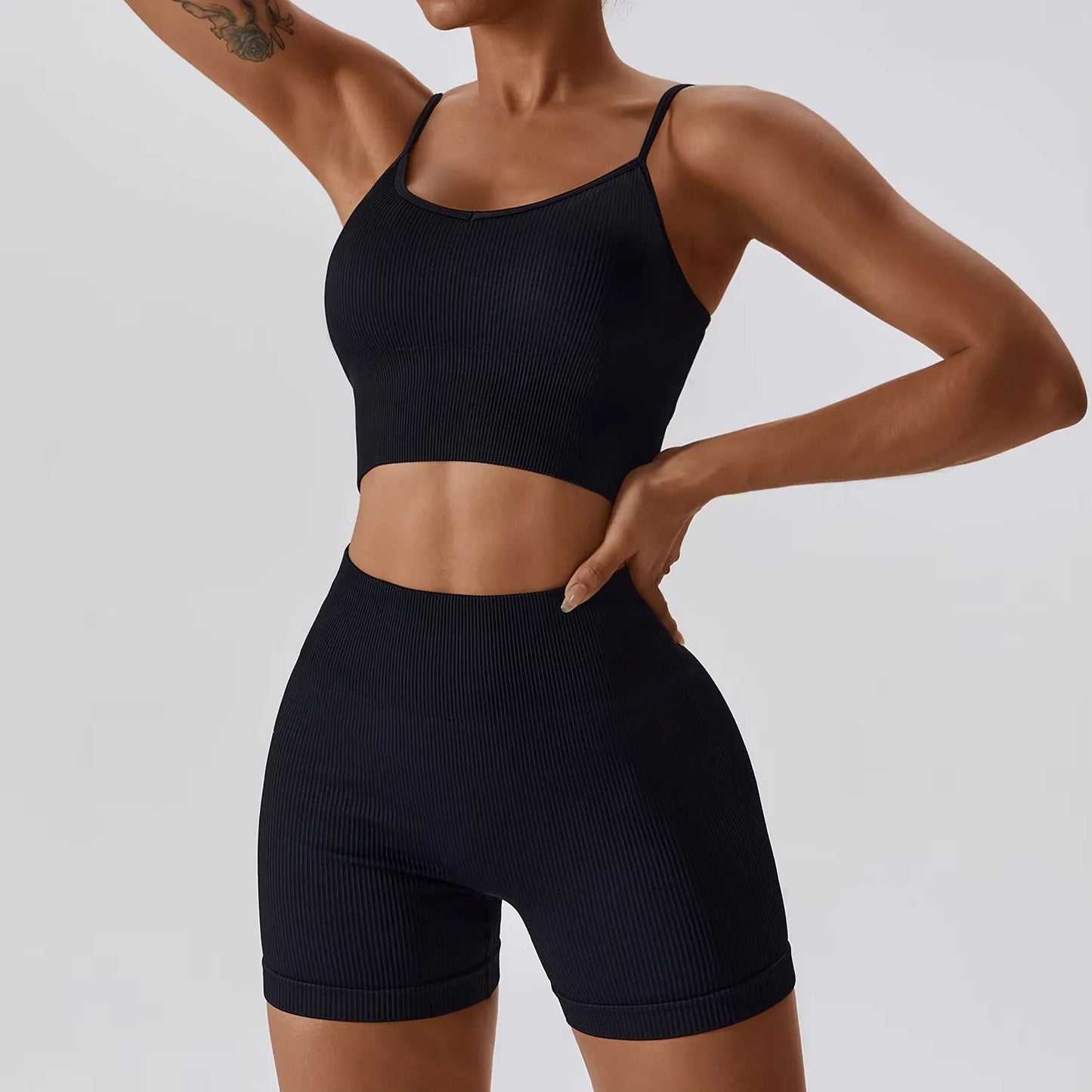 Joyyoung ODM/OEM New Sexy Training Apparel Seamless Ribbed High ed Bra Scrunch Shorts Yoga Sets Fitness Sports Clothing