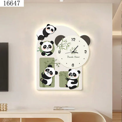 70*80CM Simplicity Panda Crystal Porcelain Modern Glass Wall Painting with Led Wall Clock for Home Decor Living Room
