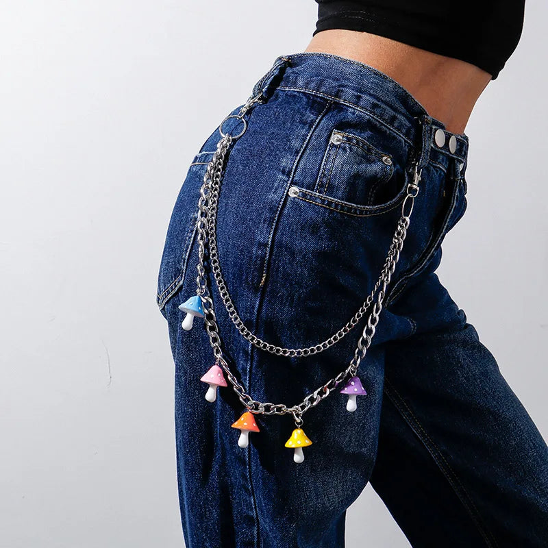 Doulbe Layered Pink Color Strawberry Resin Chain Keychains Women Girls Hip Hop Waist Chain Pants Trousers Chain Bohemian Jewelry
