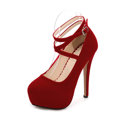 14cm Thin Heels Shallow Fashion Models Platform Pumps Bride Elegant Round Toe Party Full Dress Sexy Exotic Cross Dressing Flock