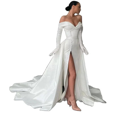 13872# Detachable Train Elegant Mermaid Wedding Dress Sexy High Side Slit Cap Sleeve Bridal Gown Lace-Up Satin Strapless Button
