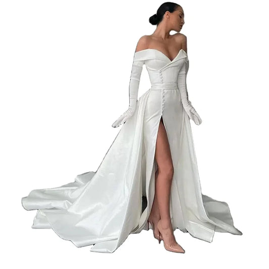 13872# Detachable Train Elegant Mermaid Wedding Dress Sexy High Side Slit Cap Sleeve Bridal Gown Lace-Up Satin Strapless Button