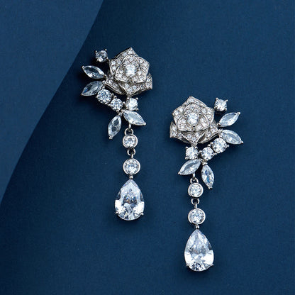 Manufacturer Spot Wholesale and Retail Elegant Female Jewelry Classic Fashion Rose Drop Zircon Long Earrings