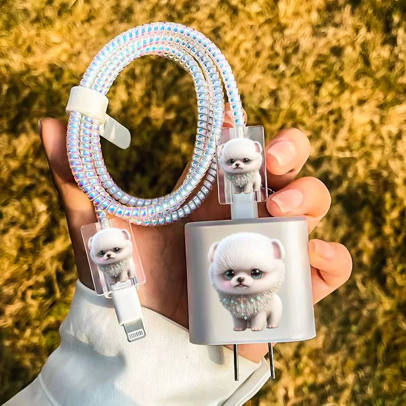 Cute Pet Dog Cat Soft TPU Protector Case for iPhone Phone Holder Stands Companion with Data Cable Charger