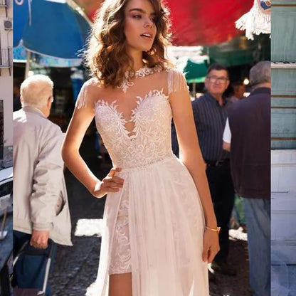 13132#  Boho Wedding Dresses Beach Beading Tassel V-Neck Appliques Lace Long Sleeves Front Split Ivory Wedding Bridal Gown