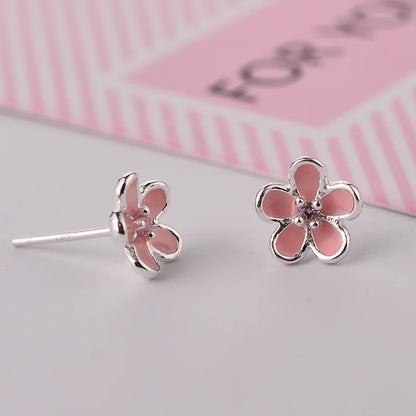 925 Sterling Silver Pink Flower Stud Earrings - Elegant Wedding Jewelry for Women