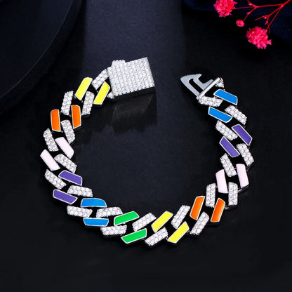 Glittering Colorful Unique Design Jewelry Cubic Zirconia Stone Paved Enamel Chunky Cuban Chain Link Bracelets Bangles for Women