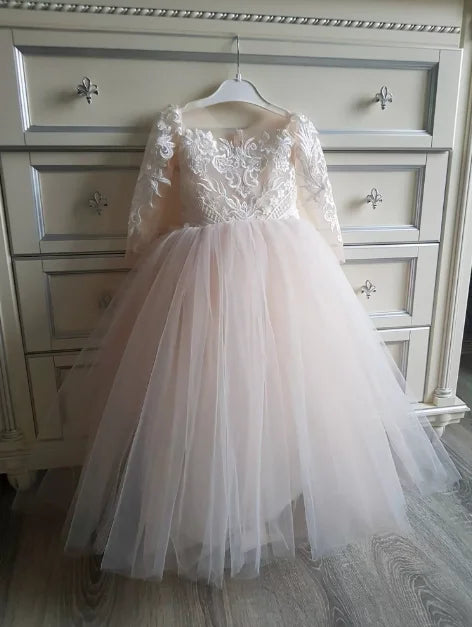 Bows Children's First Communion Dress Princess Formal Tulle Ball Gown Wedding Party Dress Cute Pink Lace Flower Girl Dress MF80