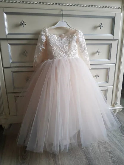 Bows Children's First Communion Dress Princess Formal Tulle Ball Gown Wedding Party Dress Cute Pink Lace Flower Girl Dress MF80