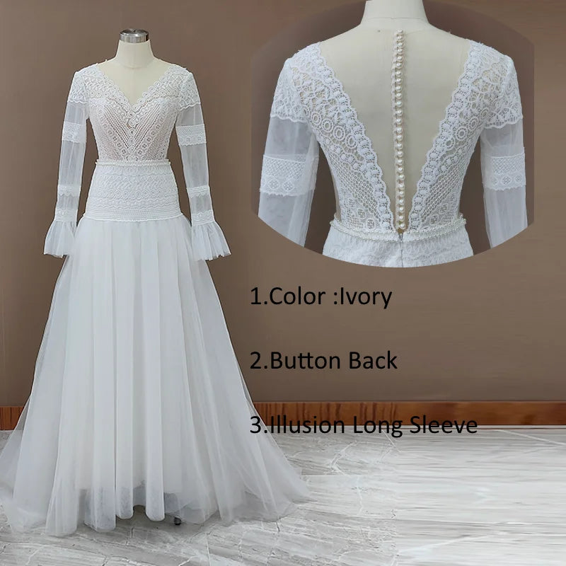 10027#Gorgeous V Neck Long Sleeve Sheer Button Back Bohemian Lace Wedding Dress Appliques Tulle a Line Bridal Gown Sweep Train