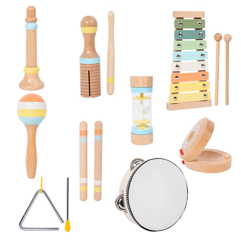 7pcs Wooden Montessori Infant and Toddler Early Education Soothing Bed Bell Toy Baby Hand-held Bell Rattle Instrument Set