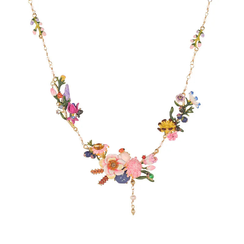 French High-End Fashion Choker Necklace Enamel Glazed Daisy Flower & Wheat Spike with Sapphire Tassel  Fine Necklaces