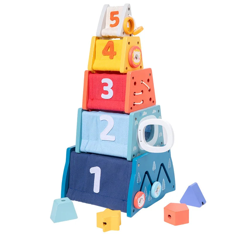 Montessori Early Educational Shape Matching Threading Toys Learning Rocket Multifunctional Stacking Toy Educational Blocks