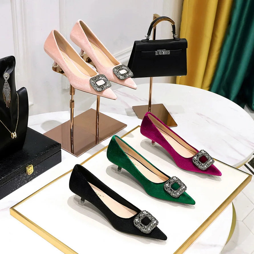 Retro Women's Shoes with Thin Heel Mid Heel Shallow Mouth Pointed Toe Metal Rhinestone Buckle Single Shoe