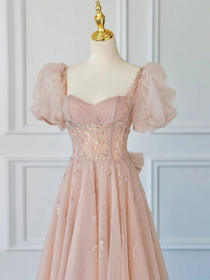 Elegant Short Puff Sleeve Beading Sequins Lace Bow A-line Lace-up Bridesmaid Dress for Girls Evening Party Dress Plus Size Women