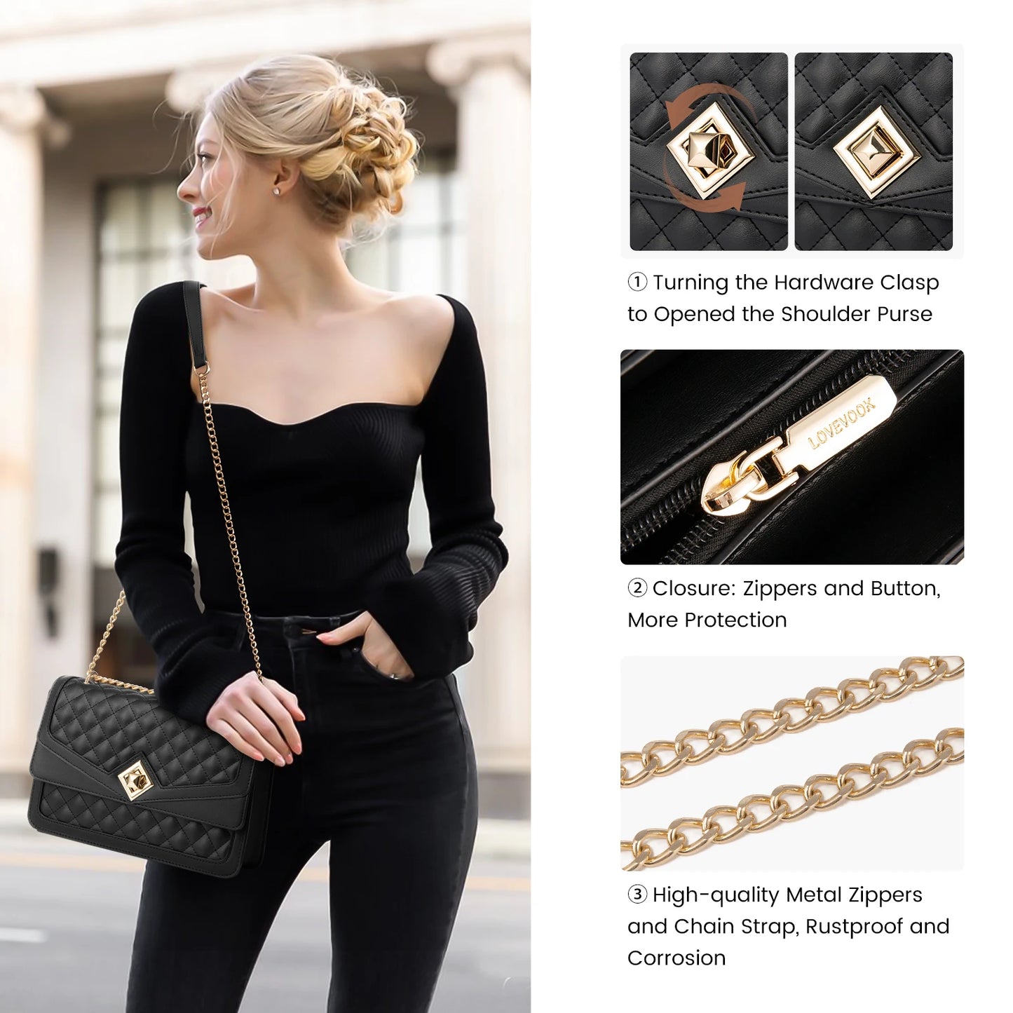 LOVEVOOK 2023 Leather Quilted Sling Shoulder Bag With Chain Trendy Clutch Ladies Evening Purse Luxury Crossbody Bags for Women