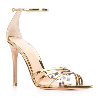 Fashion Elegant Stiletto Ankle Strap Pointed Toe Crisscross Party Gold High Heels PVC Sandals for Women
